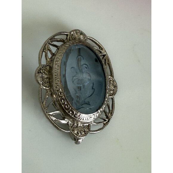 Vintage 30's Blue Glass Flower Intaglio Brooch Rhodium Plated - Picture 5 of 8